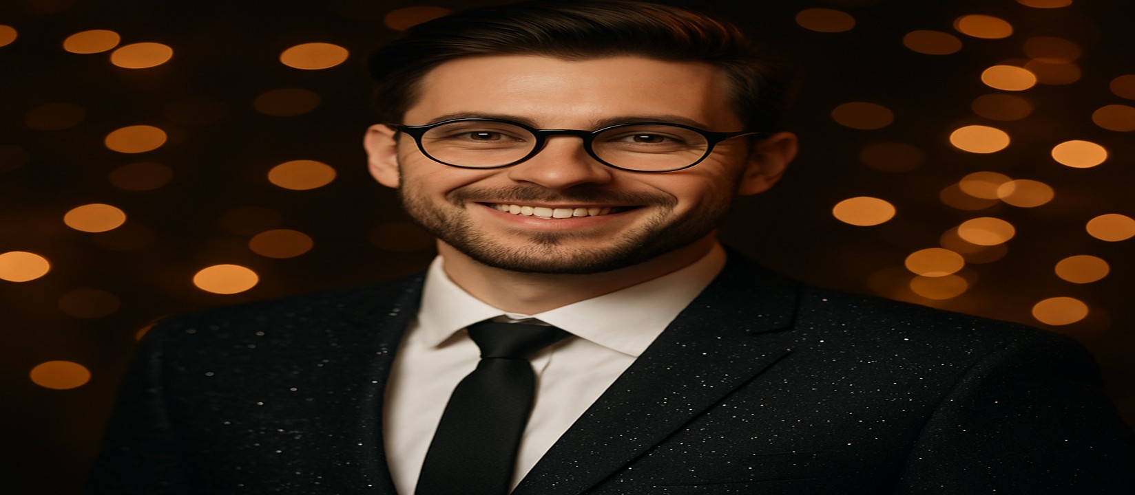 456db-র নকশা-ধাঁচের মতো, কালো স্যুটে সজ্জিত একজন আত্মবিশ্বাসী ব্যক্তি, চারপাশে ঝলমলে সোনালি আলো