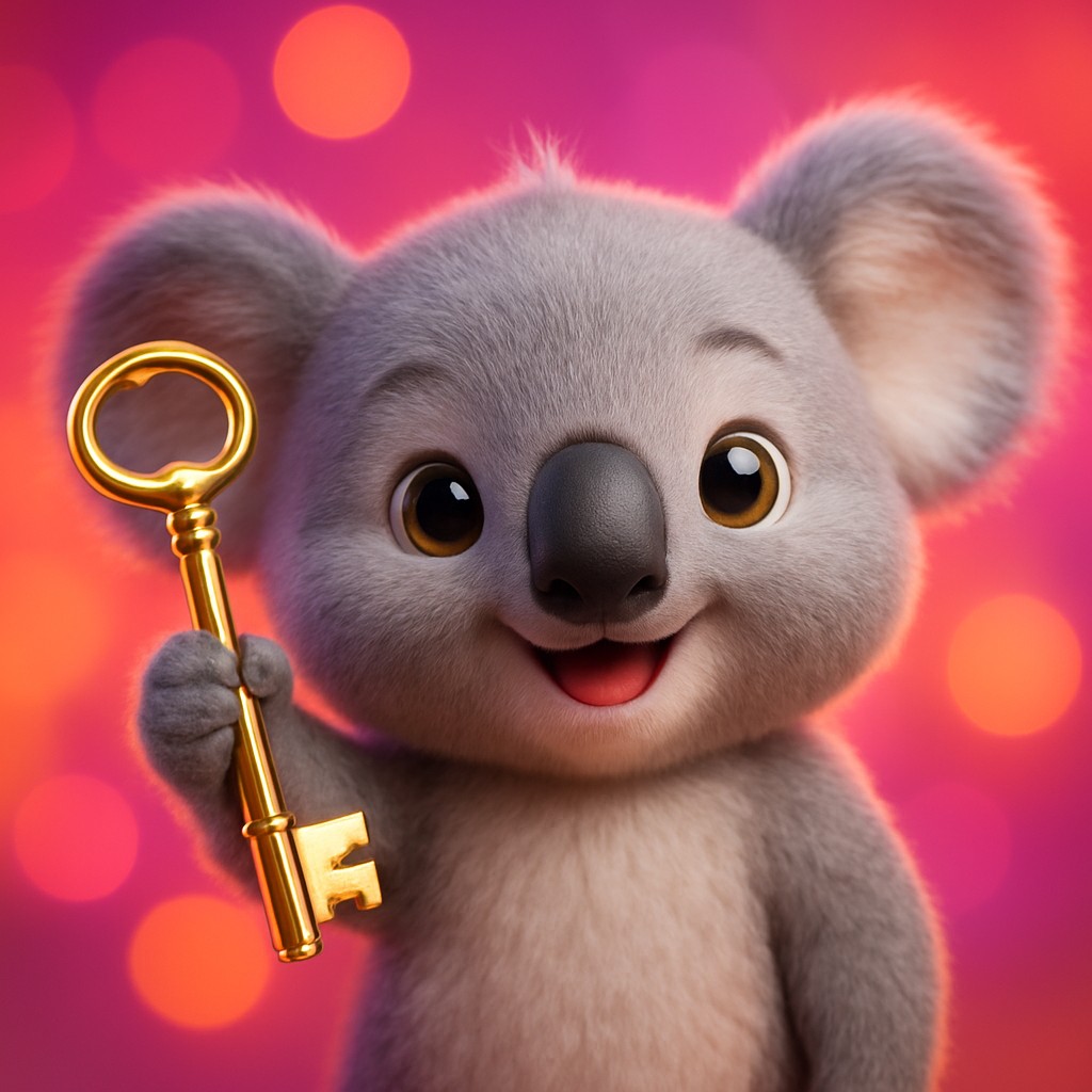 উজ্জ্বল গেমিং পরিবেশে সোনালি চাবি হাতে হাসিখুশি চরিত্র