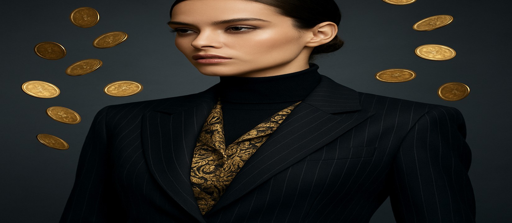 456db সহ, কালো ডোরাকাটা পোশাকে এক নারী, সোনালি আলোয় ভেসে থাকা চারপাশে সোনার কয়েন